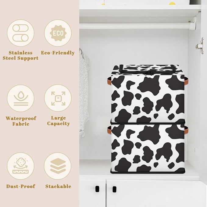 Cow Print Pattern Storage Bins With Zipper Lid, Collapsible Trunk Organizer, Car Organizers and Storage Bins with Lids, Decorative Storage Boxes with Handle, Home Storage Baskets for Organizing