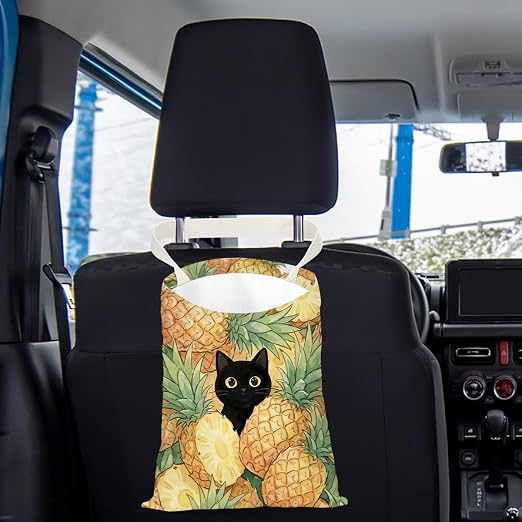 Black Cat Car Trash Bag, Pineapple Car Trash Bag Hanging, Pineapple Accessories, Summer Decor Waterproof Cars Back Seat Hanging Organizer Garbage Can for Vehicle Travelling Camping