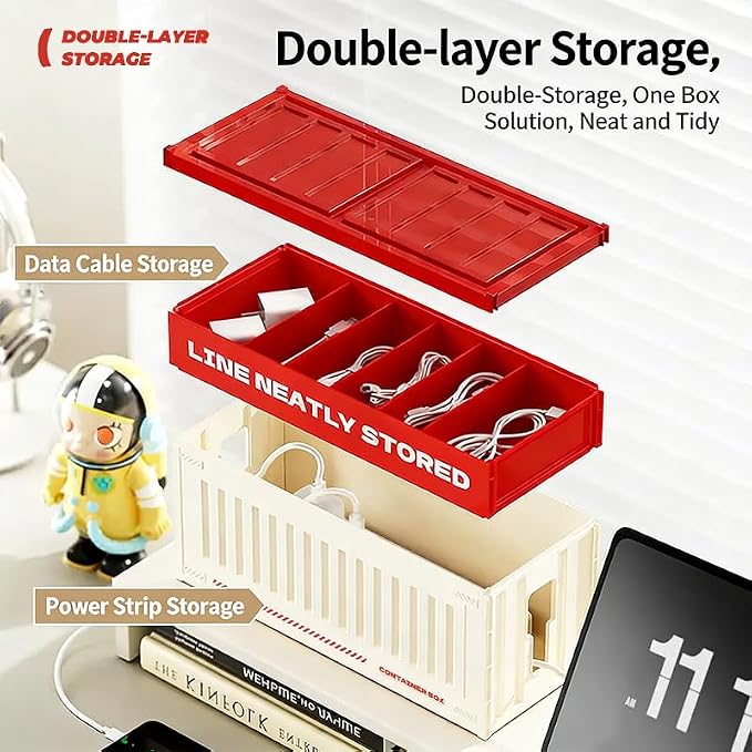 Cable Management Box with Shipping Container Design, Tall Cord Organizer for Desk and Floor, Large HIPS Wire Hider for Power Strip and Surge Protector, Red