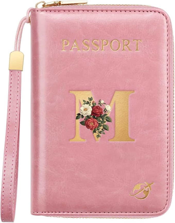 Passport Holder for Travel Personalized Passport Holder Initial Letter Rose Flower RFID Blocking Travel Wallets Credit Cards Holder for Women Men, Pink M