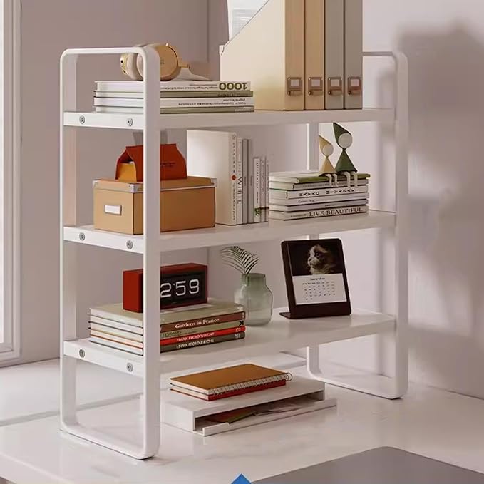 Gtzly 3 Tier Desktop Bookshelf Metal Frame Wood Board Rack Shelves Plant Stand for Kids Stationery Organizer Living Room Storage Office Display(White,40 * 20 * 60cm)