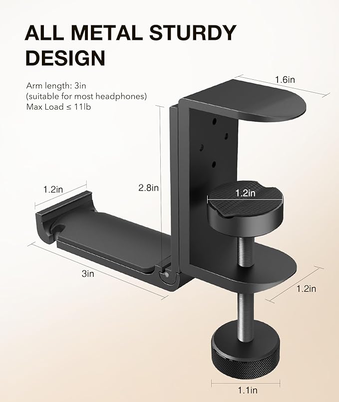 Foldable Headphone Stand Under Desk, Metal Headset Holder Hook for Desk with Cable Organizer, Space-Saving Desk Bag Hook & Backpack Hanger for Gaming Office, Universal Fit, Black