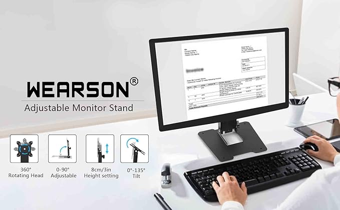 WEARSON Folding Monitor Stand - Height Adjustable Vesa Monitor Stand, Tilt, Rotation Free Standing Low Profile Desk Mount for Single Monitor up to 28 inch Screens Upgrade WS-03T
