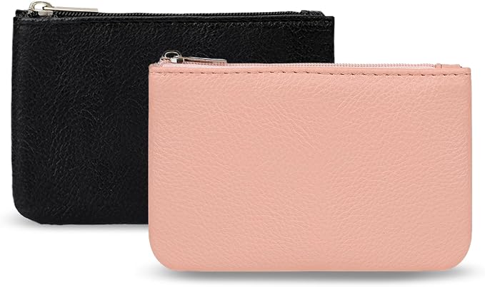 KALIONE 2 Pack Coin Purse, Portable PU Leather Coin Purse with Zipper Coin Purse Mini Change Purse Small Coin Purse for Women Credit Card Folded Bills ID Key Headset Lipstick(Black&Pink)