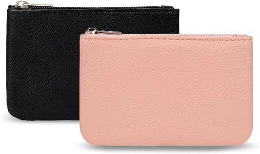KALIONE 2 Pack Coin Purse, Portable PU Leather Coin Purse with Zipper Coin Purse Mini Change Purse Small Coin Purse for Women Credit Card Folded Bills ID Key Headset Lipstick(Black&Pink)