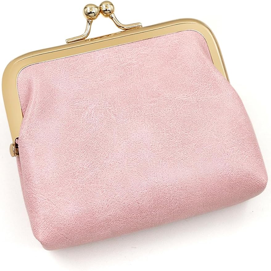 Women’s Small Coin Purse, Vintage PU Leather Change Purse, Rectangle Kiss Lock Coin Pouch, Pocket-Sized, Solid Color, Mini Coin Purse for Women - Pink