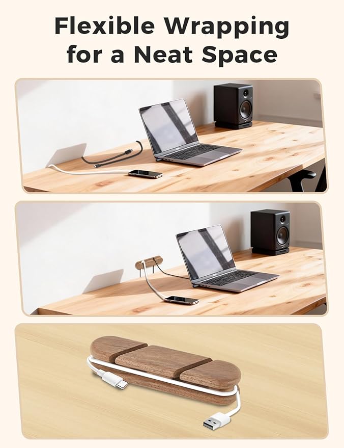 Solid Walnut Cable Holder & Cord Organizer, Adhesive Cable Clips for Desk, Under Desk, Wall, Bedside & Car, Wood Cable Management for Home Office, Phone Charging & USB Cables