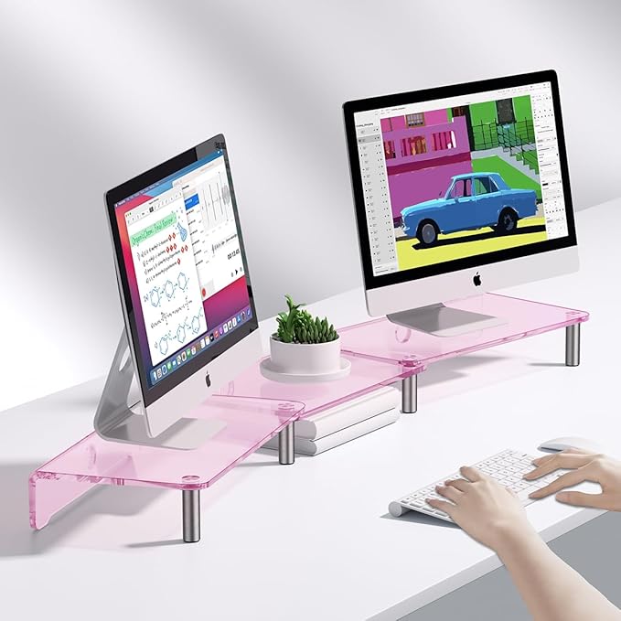 dual monitor stand riser, 3-layer pink acrylic monitor stand with anti slip pad, adjustable length and angle, suitable for 2 monitors, desktop, laptop, PC, printer, TV screen (Pink acrylic)