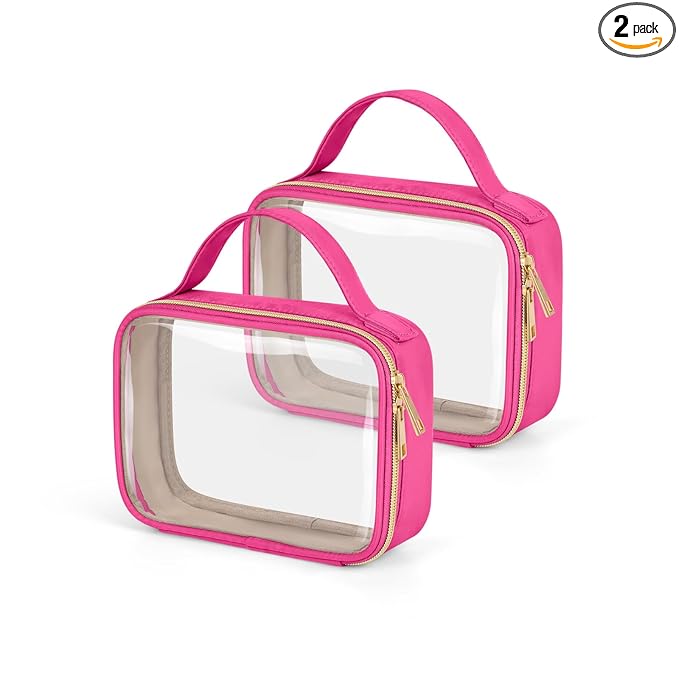 Wedama TSA Approved Toiletry Bag, 2 Pack Clear Makeup Bags with Handles, Quart Size PVC Clear Cosmetic Bags for Women and Men, Carry on Airport Airline Compliant Bag, Rose Red