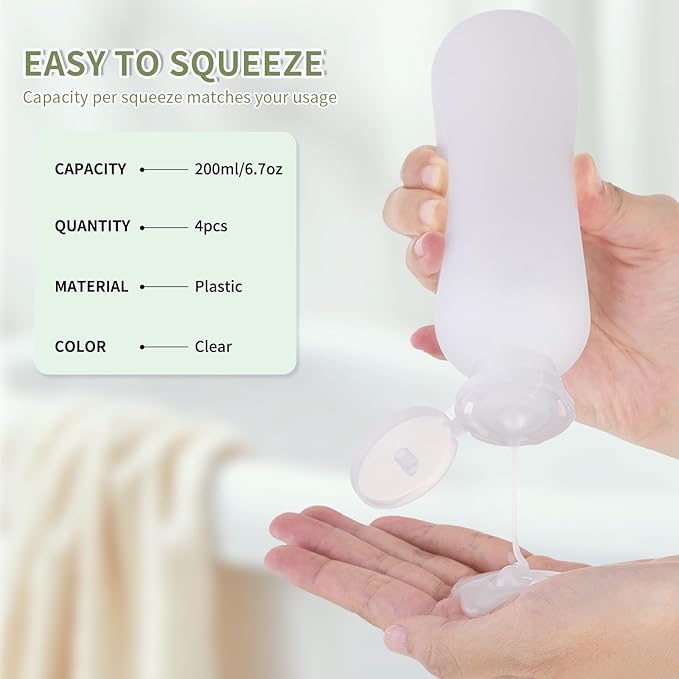 Empty Shampoo Bottles 6.7oz - Large Size Refillable Plastic Liquids Toiletry Containers - Empty Leak Proof Lotion Toiletries Dispenser - Clear Flip Cap Top Body Wash and Cosmetic Set 4 Pack