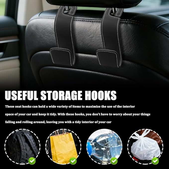 Car Seat Headrest Hooks, Purse Hook for Car, Automotive Headrest Handbags Holder, Auto Accessories Leather Seatback Organizer Hanger for Hanging Purses Bags Coats (Black, 1PCS)