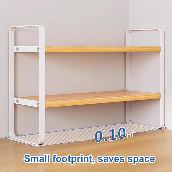 2 Tier Desktop Bookshelf, Office Desk Shelf Organizer, Metal Frame Wood Board Rack, Countertop Bookshelf for Office Supplies Display Rack, for Dorm, Home, School, Office(White,30cm/11.8")