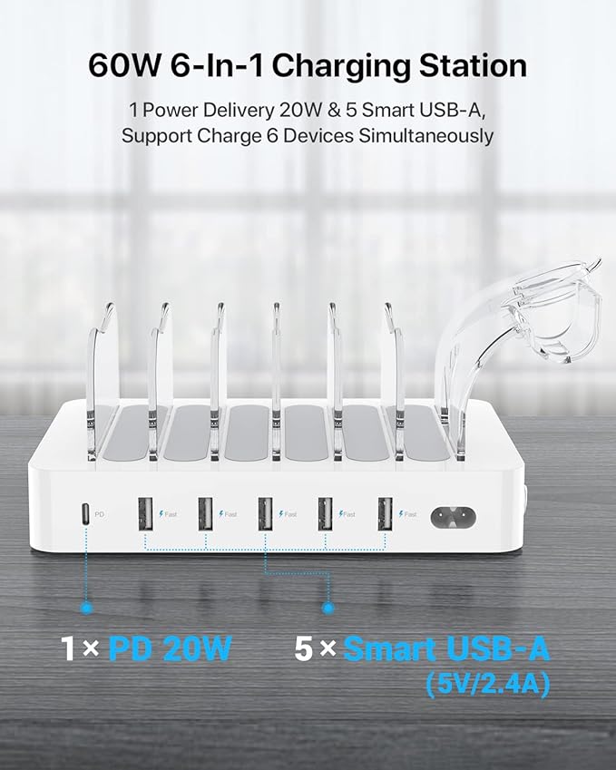 SooPii 60W 6-Port Charging Station for Multiple Devices, PD 20W USB C Fast Charging for lPhone 14/13/12,6 Short Cables Included, 2 in 1 Holder,for Phones,Tablets and Others,White