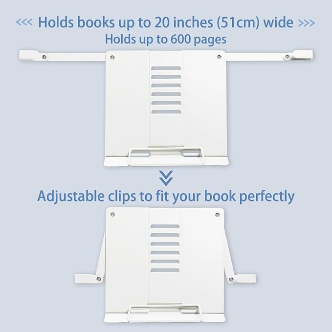 Metal Desk Book Stand for Reading with Adjustable Clips, Hands-Free Foldable Book Holder for Kids, Portable Document Stand for Desk, Display Stand for Recipes, Cookbooks, Tablets - White