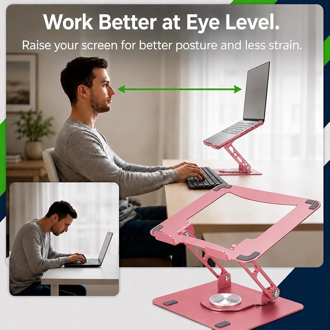 Uncaged Ergonomics Swivel Laptop Stand for Desk, Adjustable Computer iPad Stand for Desk w/ 360 Rotation, Portable Laptop Holder for Home Office Ergonomic Supplies (Brushed Pink)