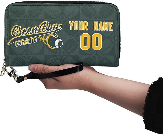 Custom Sports Team Zip Organizer Wallet-Personalized PU Leather Wallet with Name Number,Multi-Card Slots,Wrist Strap,Fan Gift for Men Women.