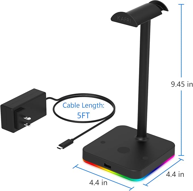 KAFRI RGB Headphone Stand with Wireless Charger Desk Gaming Headset Holder Hanger Rack with 10W/7.5W QI Charging Pad and QC 3.0 USB Port - Suitable for Gamer Desktop Table Game Earphone Accessories