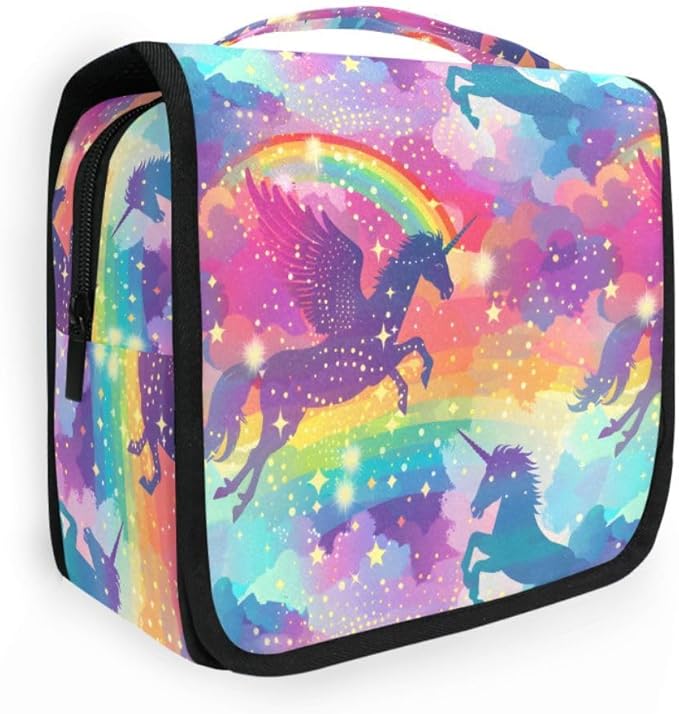 senya Hanging Travel Toiletry Bag Cute Kit Makeup Case Cosmetics Organizer for Men Women (Rainbow Winged Unicorn)
