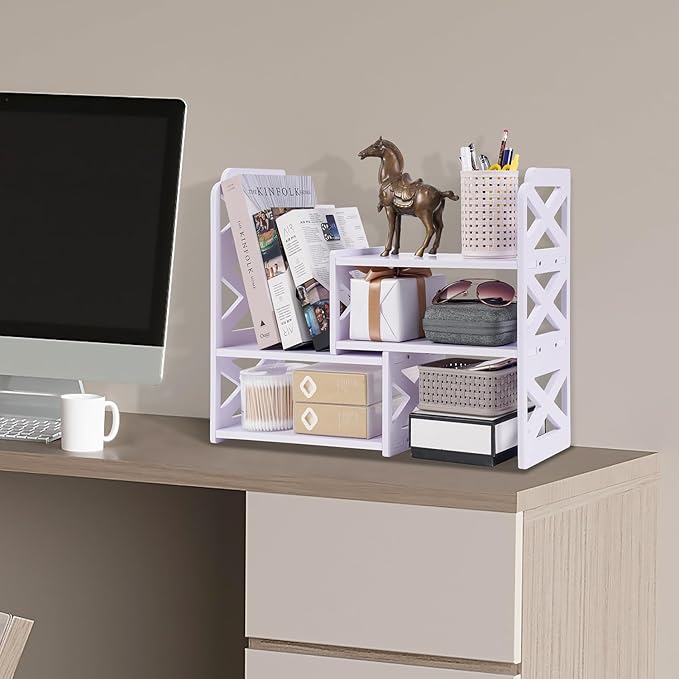 Felmis Desk Organizer Shelf, White Adjustable Small Bookshelf, Expandable Book Shelves for Classroom Office Dormitory Home
