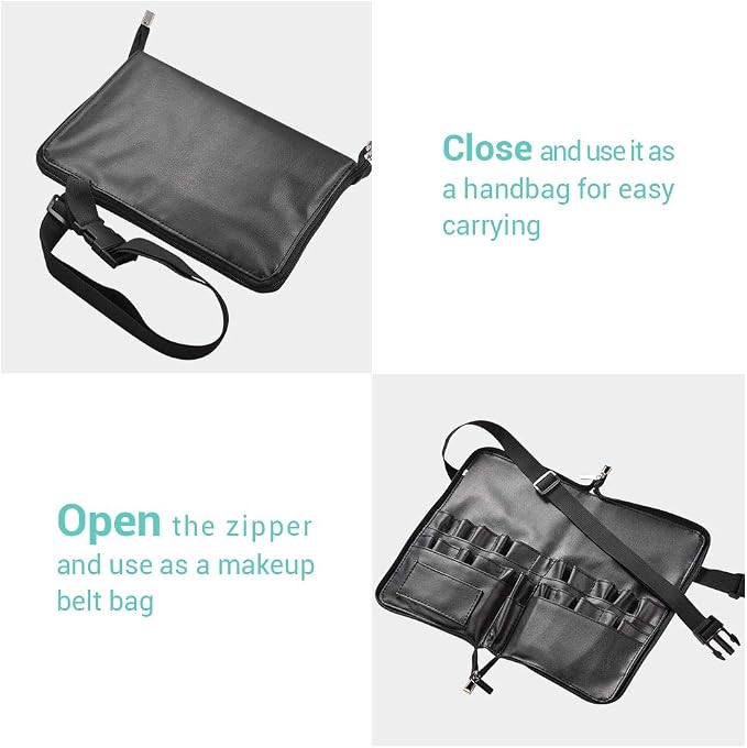 BYOOTIQUE 2in1 Multi Brush Holder Waist Zipper Bag Professional Portable Foldable Cosmetic Makeup Pouch with Belt Strap Artist Storage Organizer
