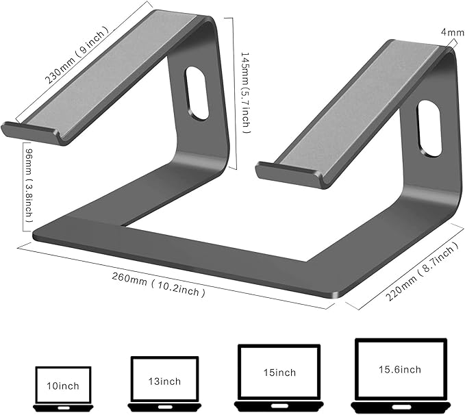 Orionstar Ergonomic Laptop Stand, Premium 5mm Aluminum Riser for 10-15.6 Inch Notebook Computer, Tool-Free Detachable Elevator Holder for Desk Office, Sturdy Riser for Eye-Level Neck Relief, Grey