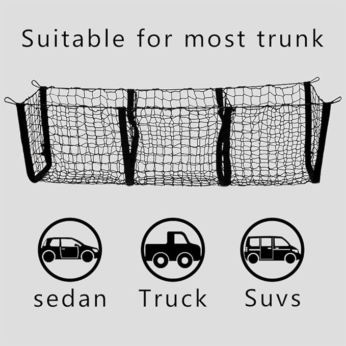 Cargo Net for Car, Truck Bed Storage, 3 Pocket Rear Trunk Cargo Net Stretchable Organizer Elastic Mesh Net, Universal Car Interior Accessories Cargo Storage Mesh Net Fit SUV, Pickup, Truck