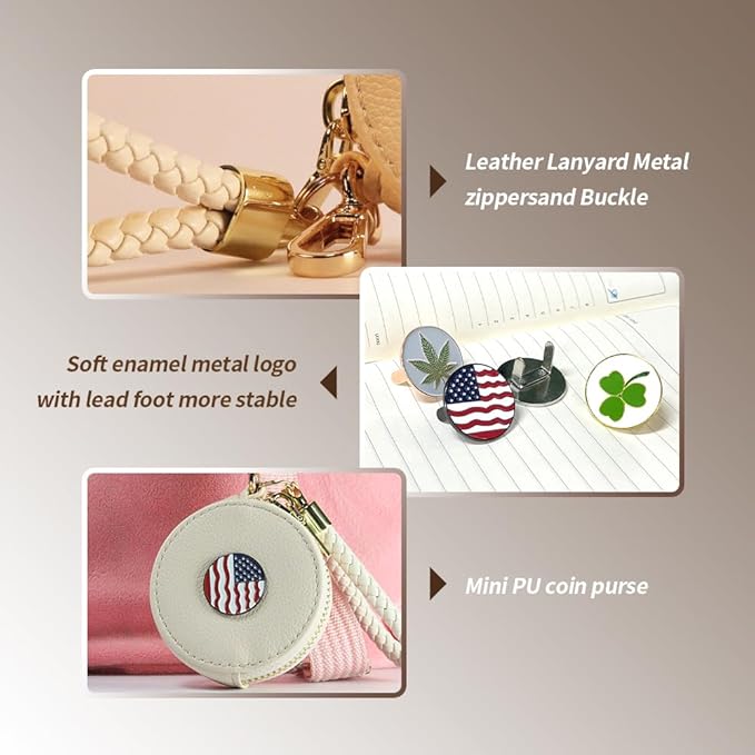 Coin Wallet Purse, Beige PU Leather Round Zipper Coin Purse, Mini Leather Coin Purse, Keychain Bag Charm, Shoulder Bag for Girls & Women (White American Flag)
