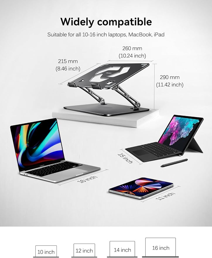 ivoler Adjustable Laptop Stand with 360° Rotating Base, Ergonomic Laptop Stand for Desk, Foldable & Portable Laptop Riser, Suitable for Collaborative Work, Fit MacBook Laptops up to 16 inches[Black]