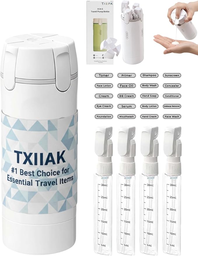 4 in 1 Travel Dispenser Bottle Refillable Cosmetic Liquid Containers, Squeeze Pump Shampoo Conditioner Bottles Essentials Toiletries Leakproof, Air Traveling Portable Set Vacation Essentials(White)