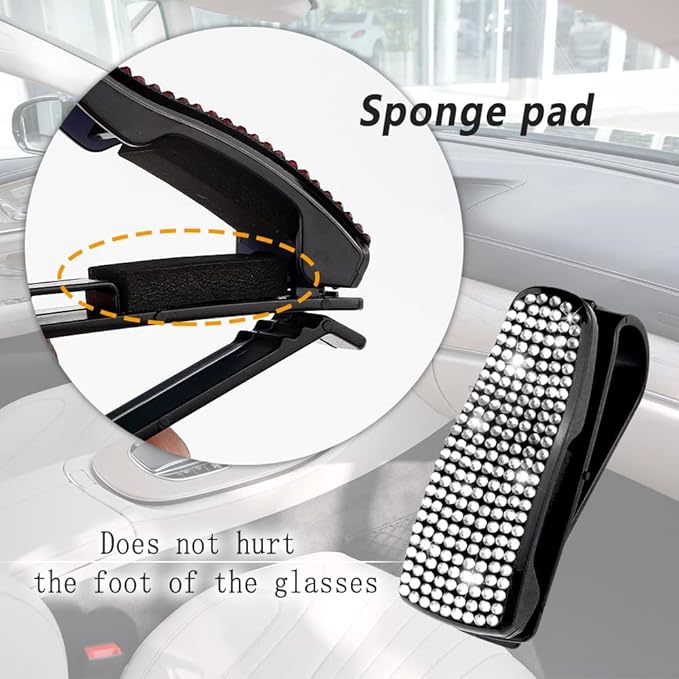 Set of 2 Bling Rhinestone Car Sun Visor Glasses Holders with Anti-Scratch Sponge,Car Decoration for Women Girls,Ticket Card Clip Visor Organizer,Universal Rhinestone Auto Accessories (Silver-2pcs)