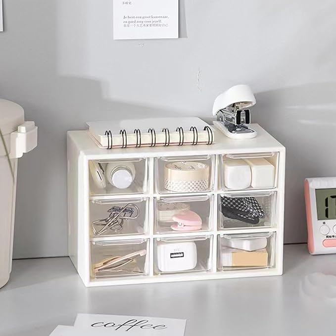 MSUIINT Desk Organizers, 9 Drawers Desktop Organizer, Dustproof Small Organizer with Drawers, Multifunctional Easy to Clean Desk Storage Box for Jewelry Makeup