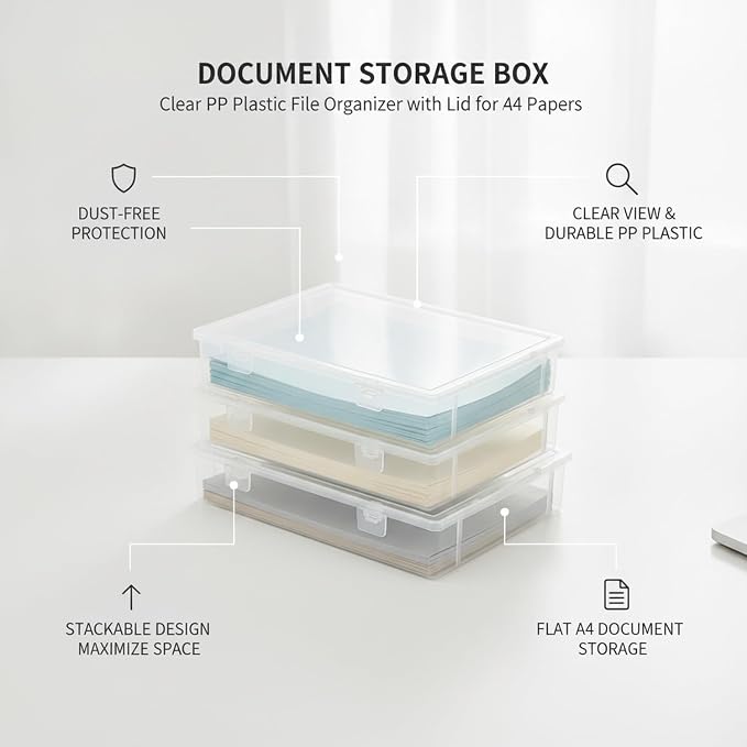 Clear PP Plastic Document Storage Box with Lid, Stackable A4 File Organizer Bin for Office Desk & Home Use (1 Pack)