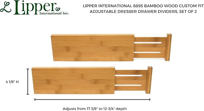 Lipper International 8895 Bamboo Wood Custom Fit Adjustable Dresser Drawer Dividers, Set of 2