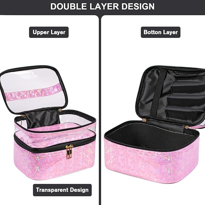 3 Pieces Makeup Bags Double Layer Travel Large Holographic Cosmetic Cases Organizer Toiletry Bags Waterproof Small Zipper Pouch for Women Makeup Brush Storage Bag,Light Pink