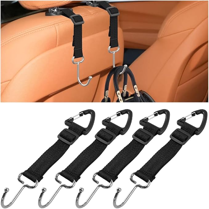 Zpana Car Seat Headrest Hooks, 4PCS Adjustable Hidden Clip Vehicle Hanging Holder for Purse Bags Coats, Automotive Interior Seat Back Storage Hanger Organizer Accessories, Universal Fit