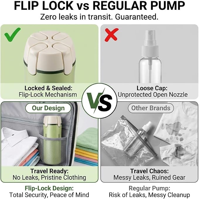 4 in 1 Travel Dispenser Bottle Set, TSA Approved Leak-Proof, 4×30ml | Twist-lock pump; 4×30ml refillable bottles; TSA carry-on compliant; for gym, travel & business trips; labels included