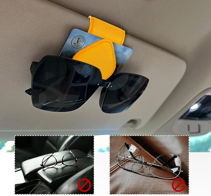 Magnetic Sunglass Holder for Car Visor, Sunglasses Visor Clip, Magnetic Leather Vehicle Glasses Ticket Card Clip, Automotive Eyeglass Hanger Organizer Accessories for Most Vehicles (Yellow)