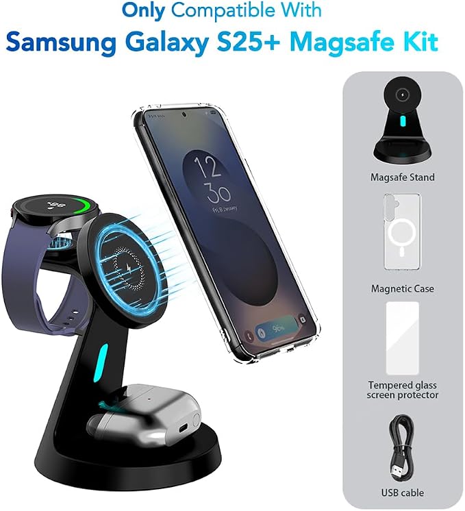 for Samsung Galaxy S25+ Dedicated Magnetic Charging Kit，3 in 1 Charging Station Compatible with MagSafe Samsung Charger for Watch Charger Stand for Galaxy Watch Ultra 8 7, for Buds