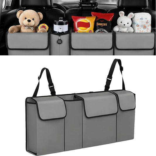 Car Trunk Organizer – Backseat Hanging Large Storage Bag with Adjustable Straps, Waterproof Collapsible Cargo Organizer with 4 Pockets, Space-Saving Trunk Storage for SUV Truck MPV (Grey)