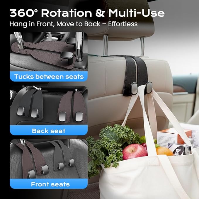 Headrest Hooks for Car, 2026 New Leather Headrest Hooks for Car, Multifunctional Double Hook Holder for Convenient Storage, Auto Hooks Organizer for Handbag Purse Coat Bags (Brown,2)