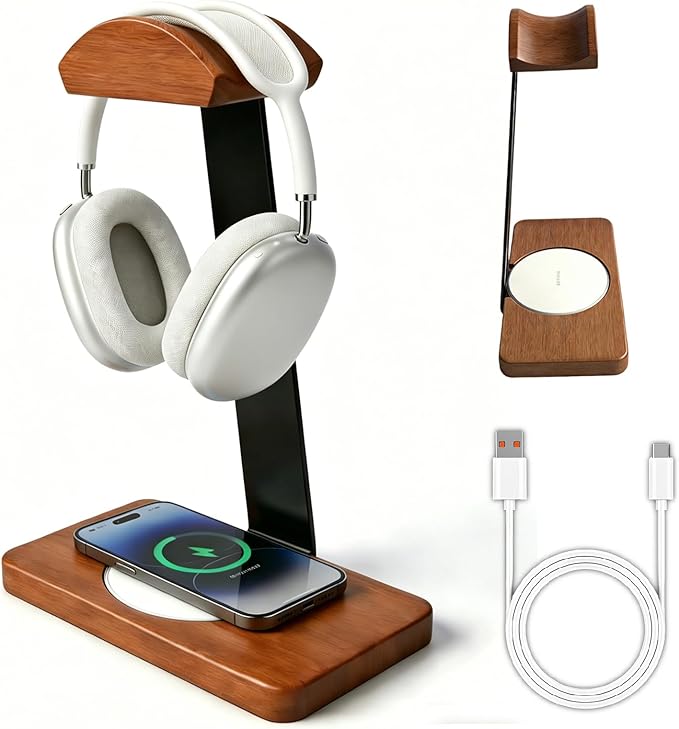 Solid Wooden Headphone Holder with Fast Wireless Charging Pad, Universal Headset Stand for Gaming Desk, Headphone Rack Wireless Charger Compatible with iPhone Samsung with QI Function (White