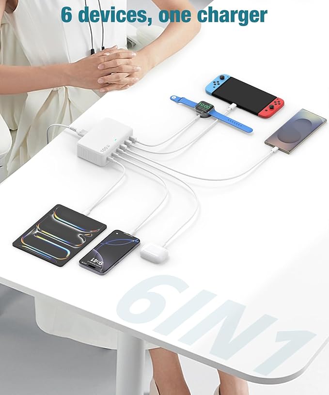 USB C Charger Block, 100W GaN 6 Port Fast USB Charging Station Hub, Wall Charger Power Adapter Plug Cube Brick for Apple iPhone 17 16 15 14 13 12 11 Pro Max/iPad/Pixel/Samsung Galaxy S25 S24,5FT Cord