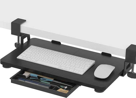 ETHU Keyboard Tray Under Desk, 19.7" X 11.81" Small Size Keyboard Drawer with C Clamp-on Mount Easy to Install, Computer Keyboard Stand Slide Pull Out, Ergonomic Keyboard Tray for Home & Office, Black