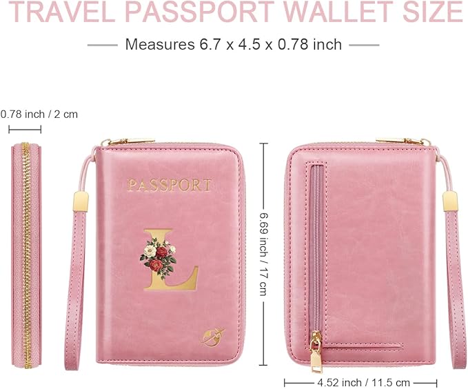 Passport Holder for Travel Personalized Passport Holder Initial Letter Rose Flower RFID Blocking Travel Wallets Credit Cards Holder for Women Men, Pink L