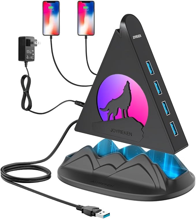 Powered USB Hub 3.0, 6-Port Hub(4 USB 3.0 Data Ports + 2 Smart Charging Ports) with 48W AC Adapter, RGB Light, Base, Compatible with PC, Laptop, Mac, External Hard Drives, PS4, Fast Charging for Phone