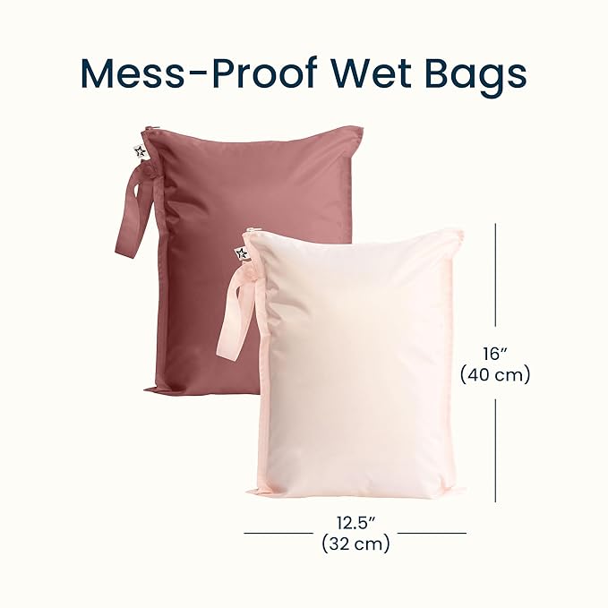 Tiny Twinkle Mess Proof Wet Bags | 2-Pack Reusable Waterproof Wet Bags for Swimsuits | Baby Clothes | Travel & Diaper Bag (Rose, Burgundy)