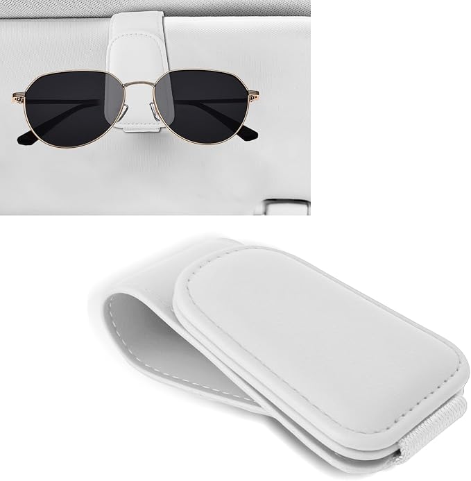 Sunglass Holder for Car, Car Sunglass Holder, Magnetic Leather Sunglasses Holder and Ticket Card Clip, Auto Multi-Functional Sun Visor Eyeglass Holders for SUV Pickup Truck (White)