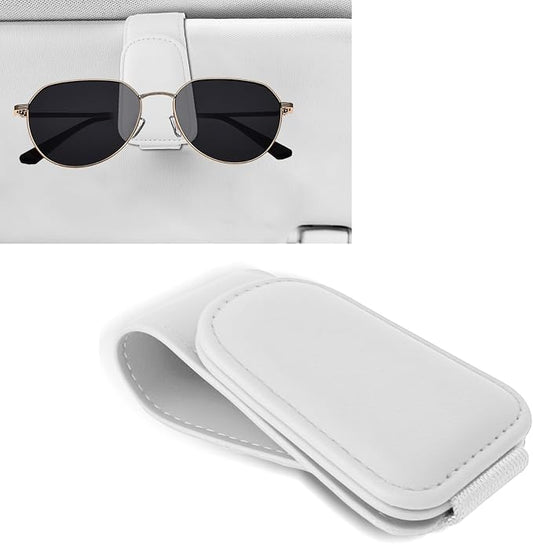 Sunglass Holder for Car, Car Sunglass Holder, Magnetic Leather Sunglasses Holder and Ticket Card Clip, Auto Multi-Functional Sun Visor Eyeglass Holders for SUV Pickup Truck (White)