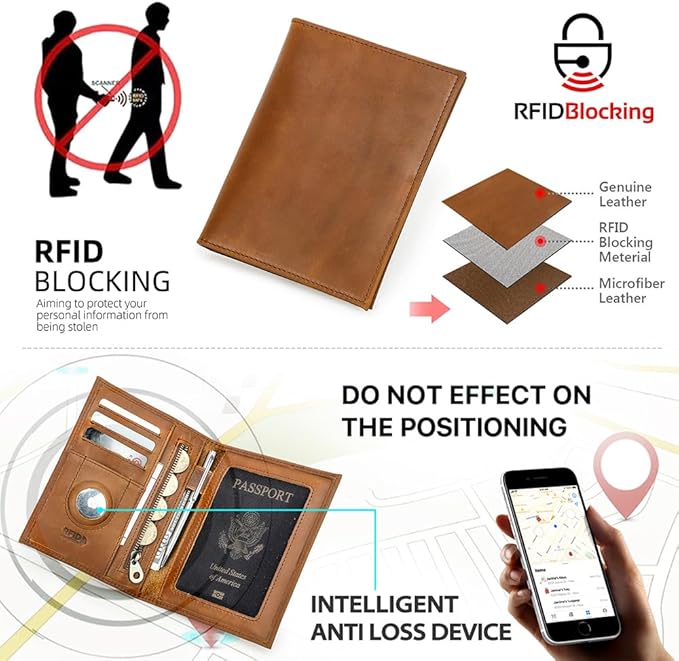 CONTACTS Full Grain Leather Passport Holder RFID Blocking Travel Passport Wallet Compatible with Airtag Passport Cover Case with 4 Cards Slots, Coin Pocket (Brown)