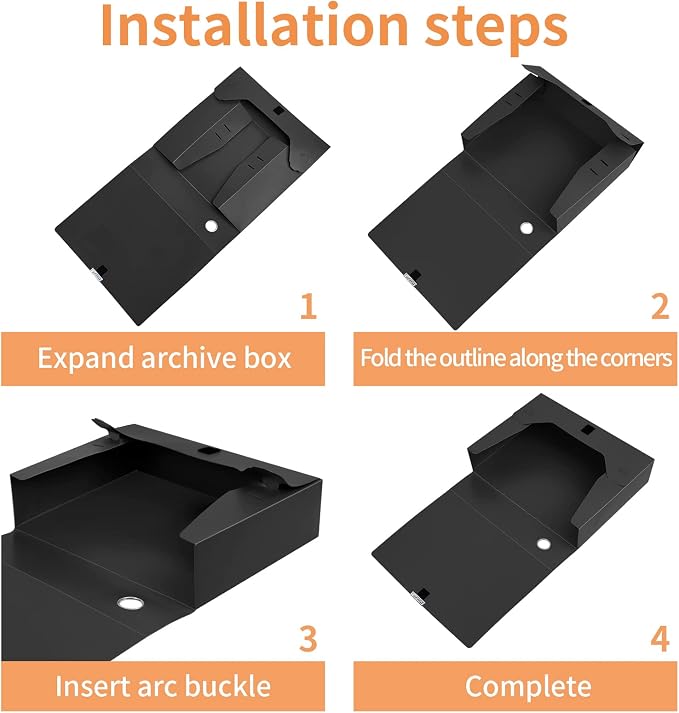 HUA JIE A4 Storage File Boxes Plastic Archives Cases with Lid, File Folder Organizer Document Filing Box for office,31×7.5×23.5 cm, Black(Pack of 4)